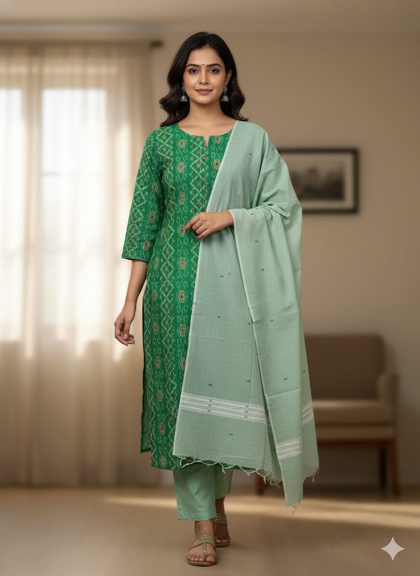 Green Greyish-green Ikat Disign Handwoven Odisha Ikat Unstitched Dress Material Set (Top 2.5m, Dupatt2.5m, Bottom 2m)