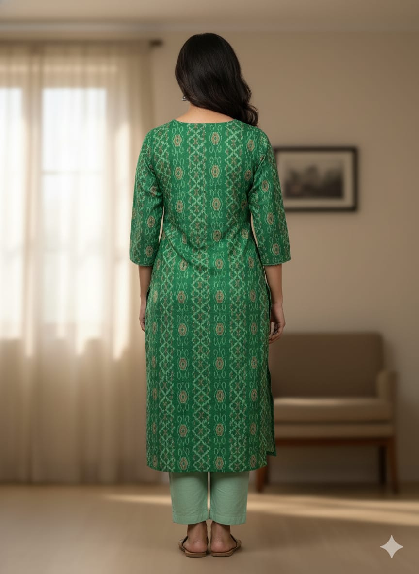 Green Greyish-green Ikat Disign Handwoven Odisha Ikat Unstitched Dress Material Set (Top 2.5m, Dupatt2.5m, Bottom 2m)