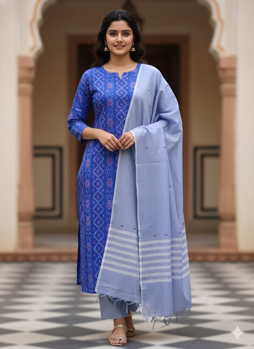 Blue Ink-Blue Ikat Disign Handwoven Odisha Ikat Unstitched Dress Material Set (Top 2.5m, Dupatt2.5m, Bottom 2m)