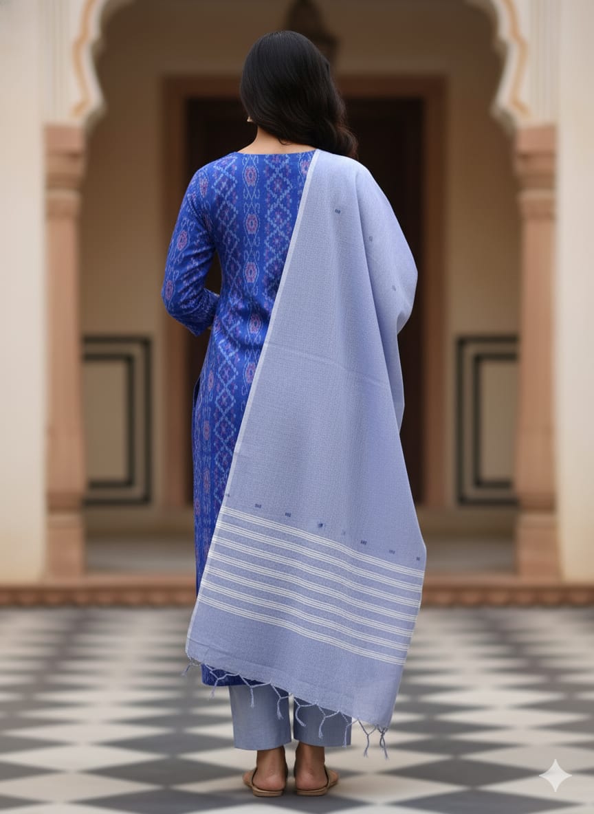 Blue Ink-Blue Ikat Disign Handwoven Odisha Ikat Unstitched Dress Material Set (Top 2.5m, Dupatt2.5m, Bottom 2m)