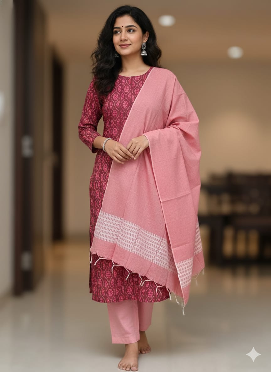 Maroon  Peach Flower Ikat Disign Handwoven Odisha Ikat Unstitched Dress Material Set (Top 2.5m, Dupatt2.5m, Bottom 2m)