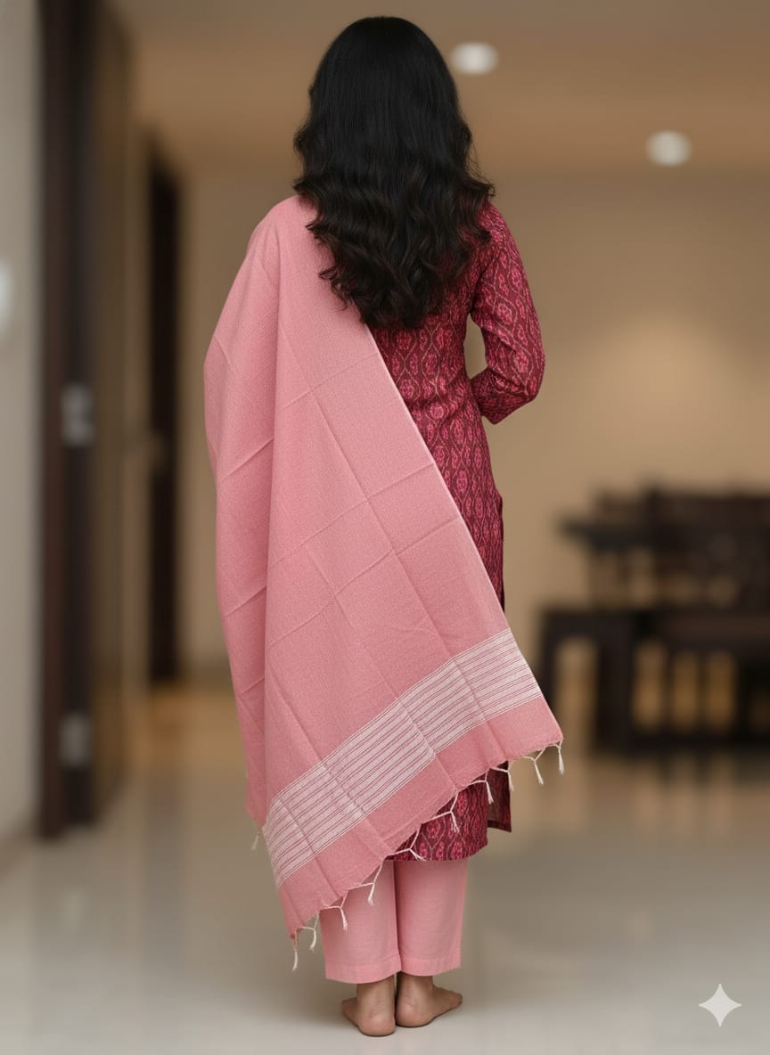 Maroon  Peach Flower Ikat Disign Handwoven Odisha Ikat Unstitched Dress Material Set (Top 2.5m, Dupatt2.5m, Bottom 2m)