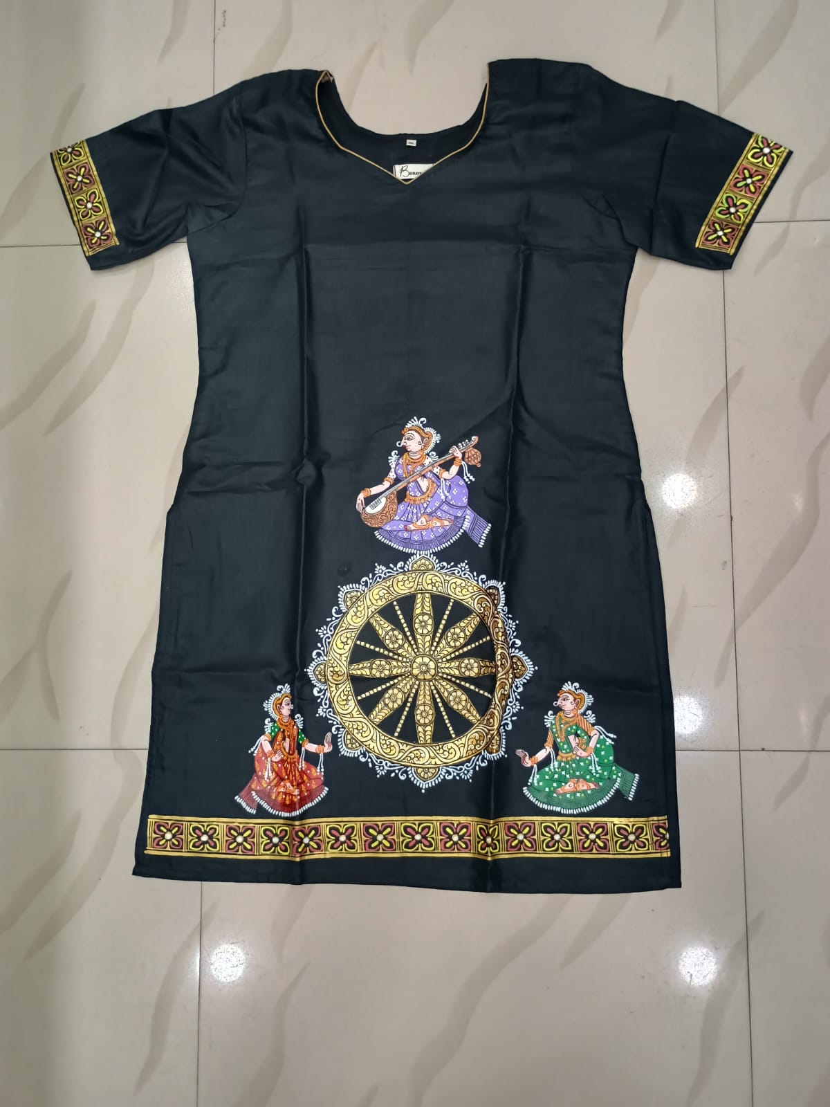 Black Konark Wheel And Dancer Theme Hand Painted Silk Pattachitra Kurti