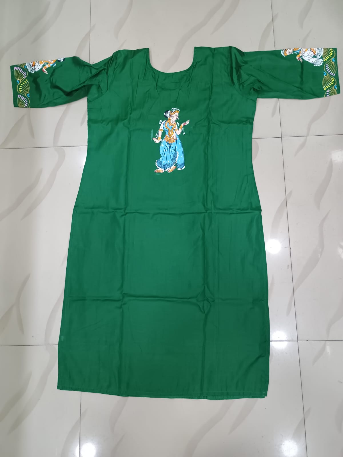 Green Radha Krishna Rasa Theme Hand Painted Silk Pattachitra Kurti