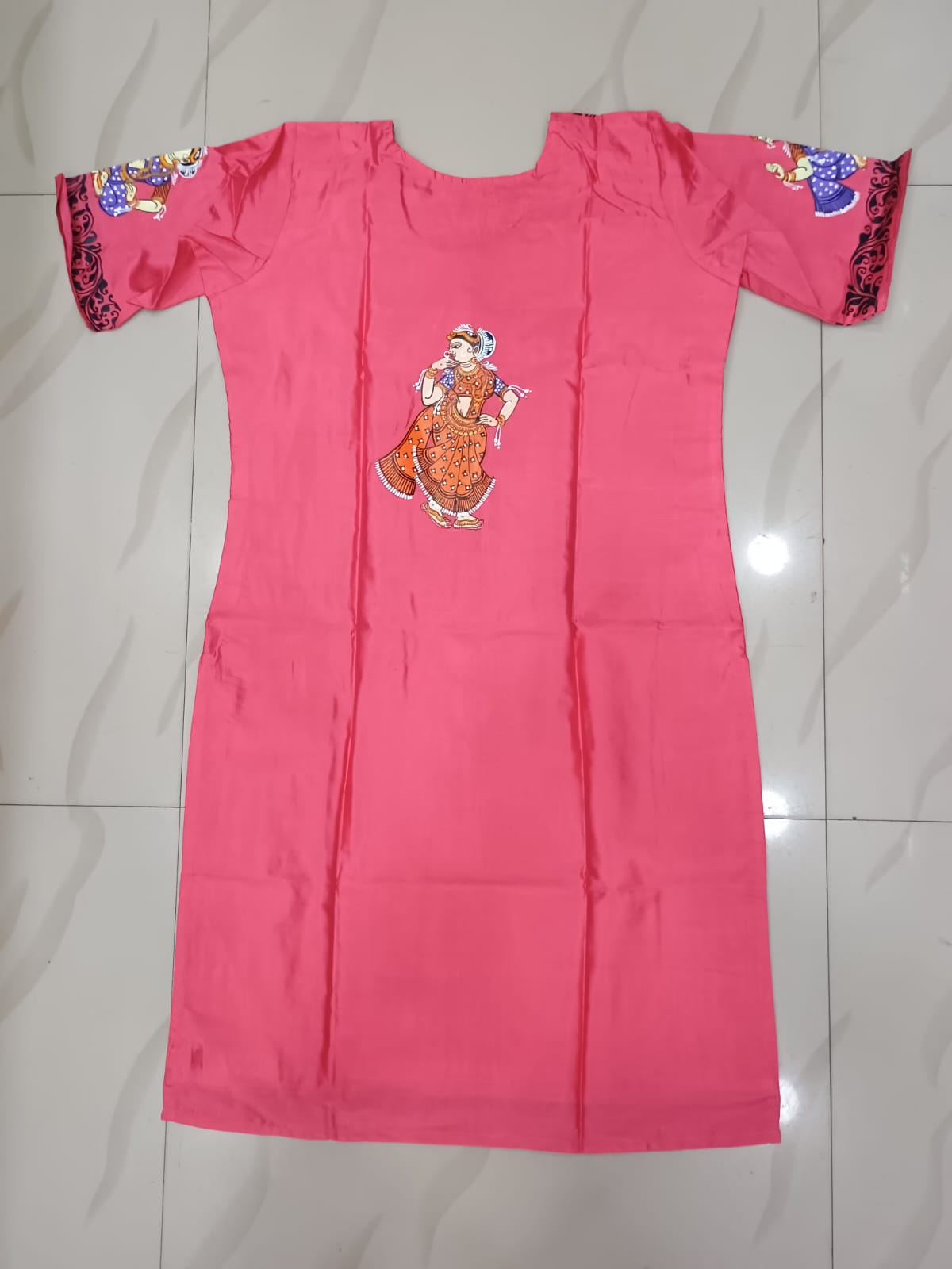 Peach Dancer Theme Hand Painted Silk Pattachitra Kurti