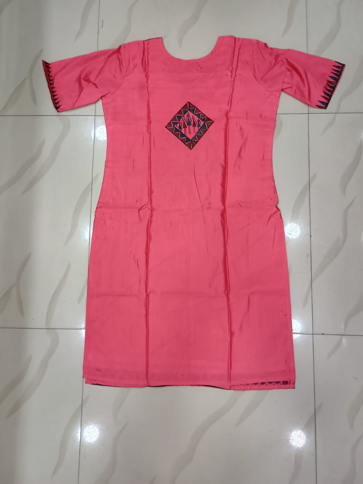 Peach Tribal Family Art Hand Painted Silk Pattachitra Kurti