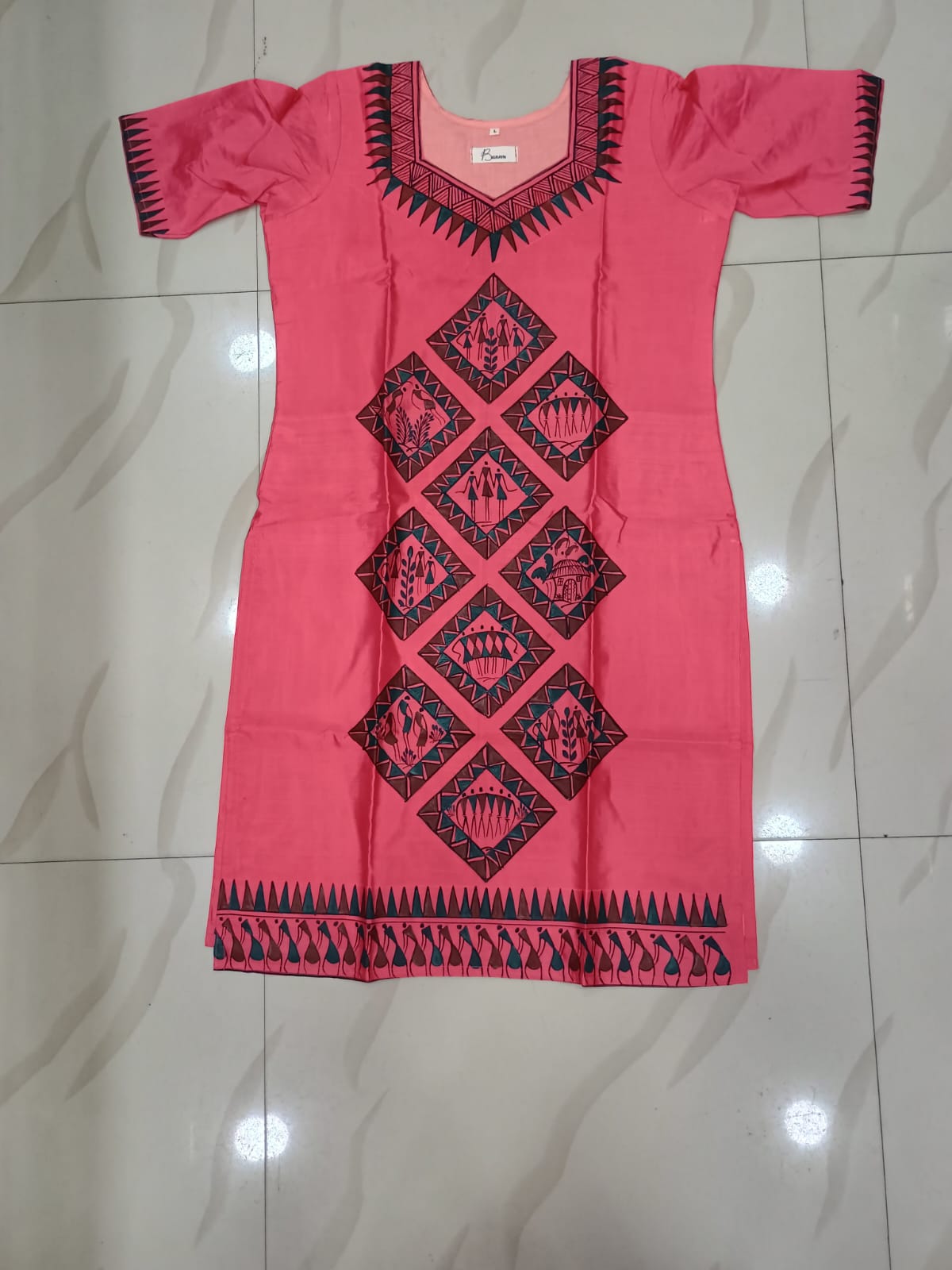 Peach Tribal Family Art Hand Painted Silk Pattachitra Kurti