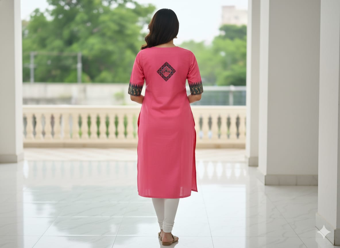 Peach Tribal Family Art Hand Painted Silk Pattachitra Kurti