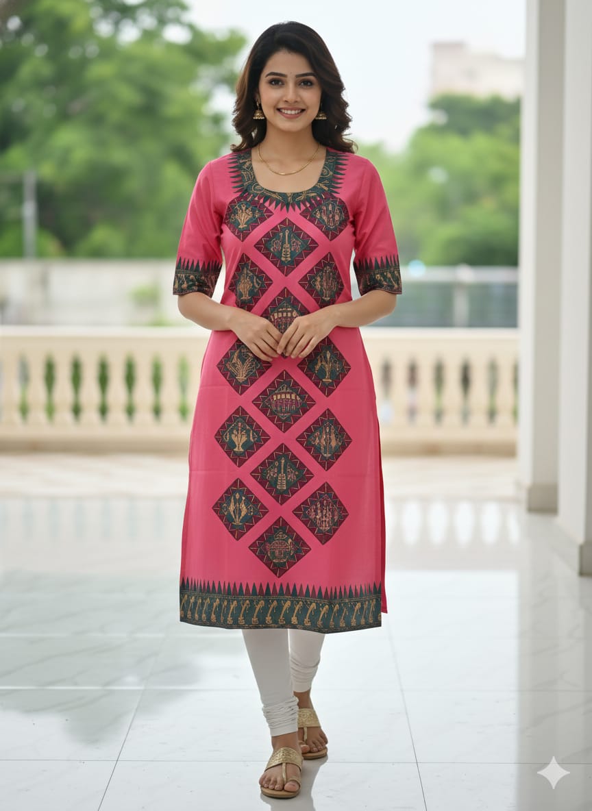 Peach Tribal Family Art Hand Painted Silk Pattachitra Kurti