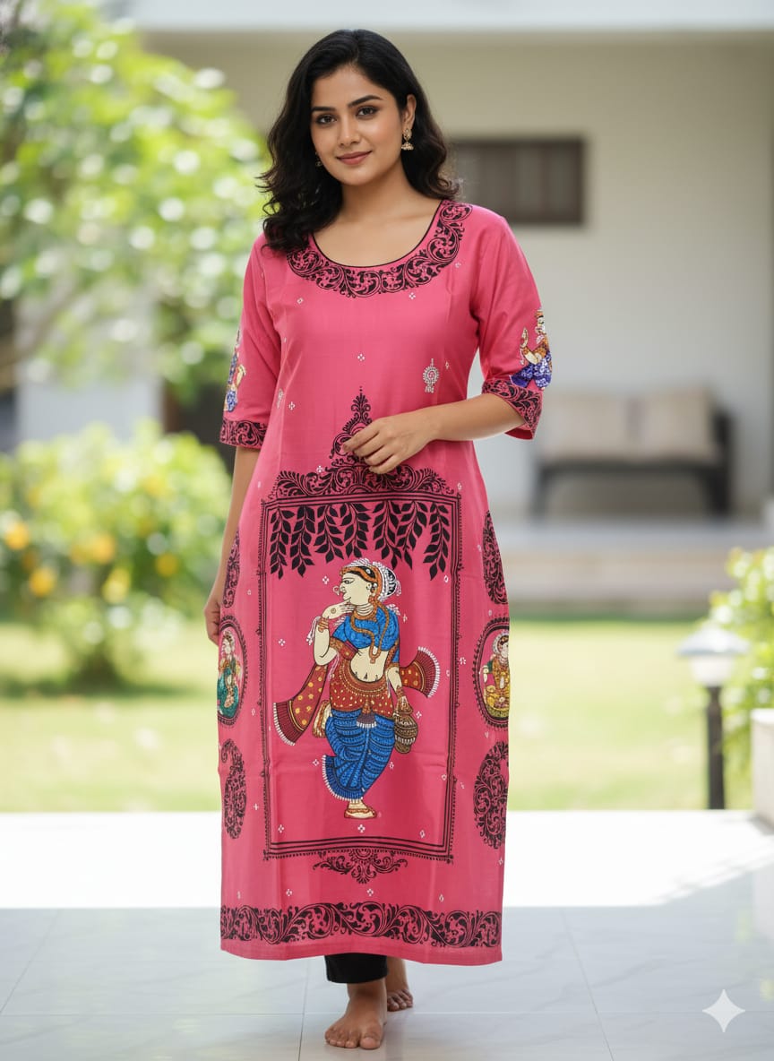 Peach Dancer Theme Hand Painted Silk Pattachitra Kurti