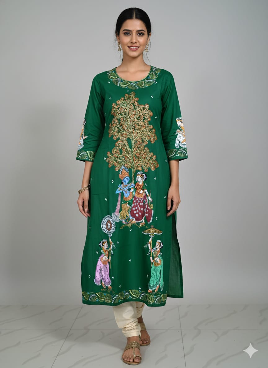 Green Radha Krishna Rasa Theme Hand Painted Silk Pattachitra Kurti