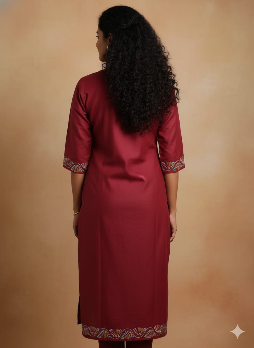 Maroon Round Fish And Lotus Theme Hand Painted Silk Pattachitra Kurti