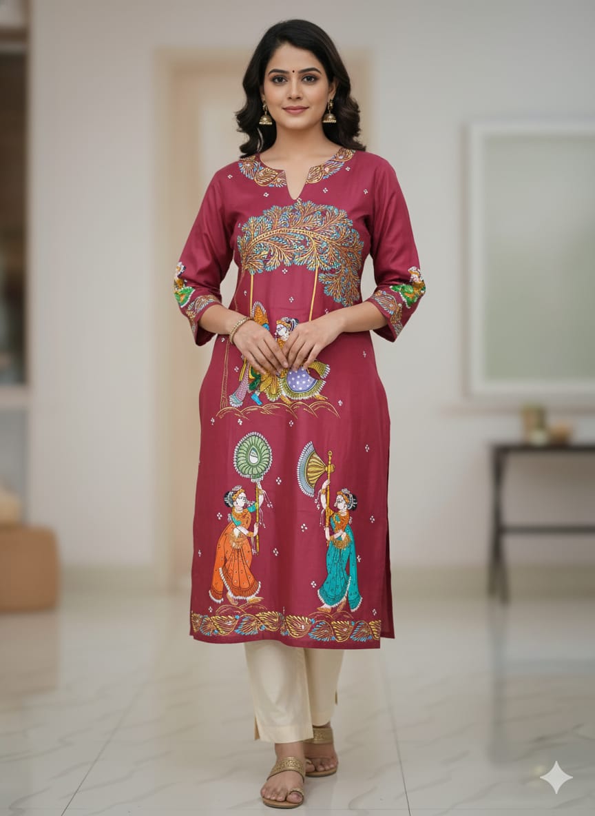 Maroon Radha Krishna Doli Rasa Theme Hand Painted Silk Pattachitra Kurti