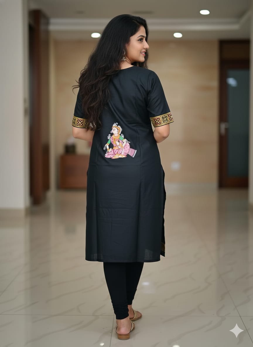 Black Konark Wheel And Dancer Theme Hand Painted Silk Pattachitra Kurti