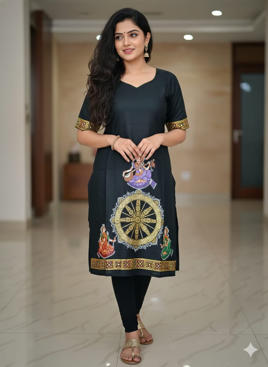 Black Konark Wheel And Dancer Theme Hand Painted Silk Pattachitra Kurti