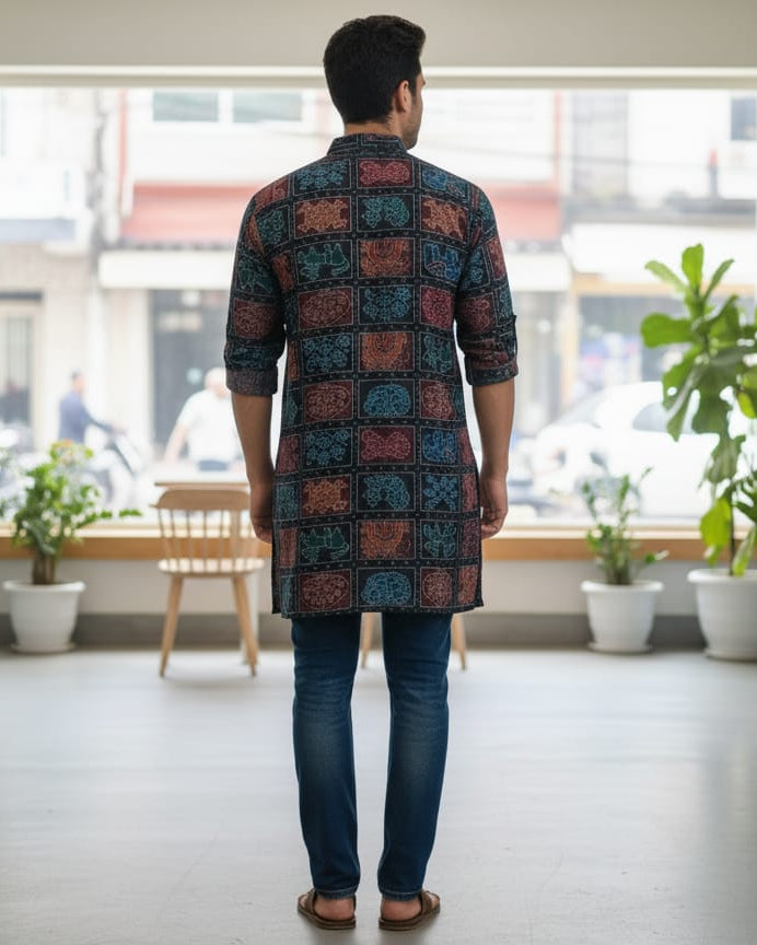 Blue Multi Colour Nabakothi Design Odisha Handloom Men's Half Kurta