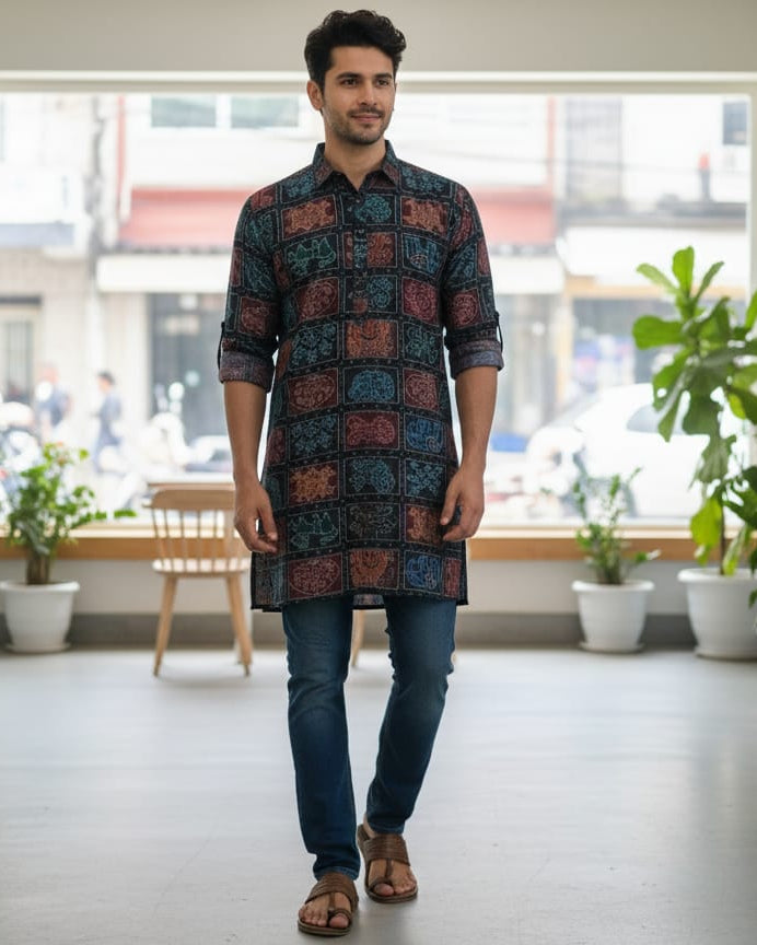 Blue Multi Colour Nabakothi Design Odisha Handloom Men's Half Kurta