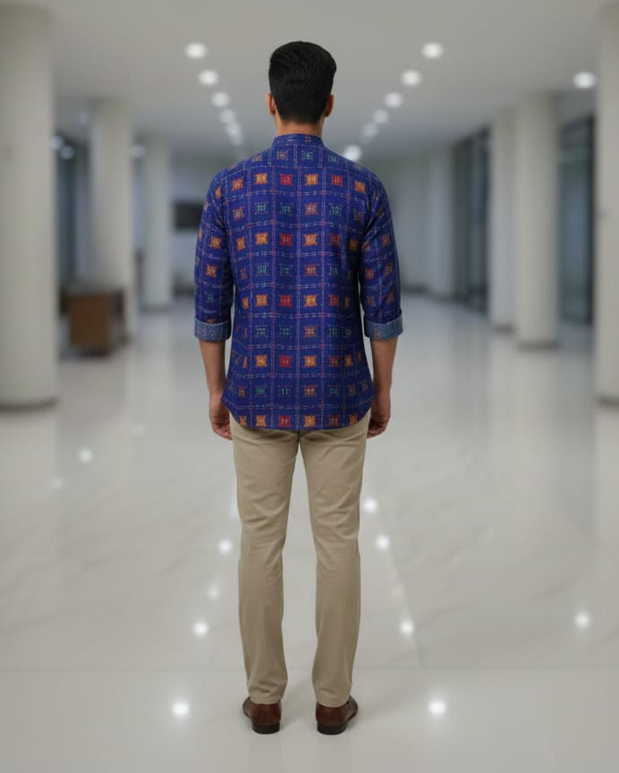 Blue Multi Colour Aswini Sesign Odisha Handloom Men Half Kurta