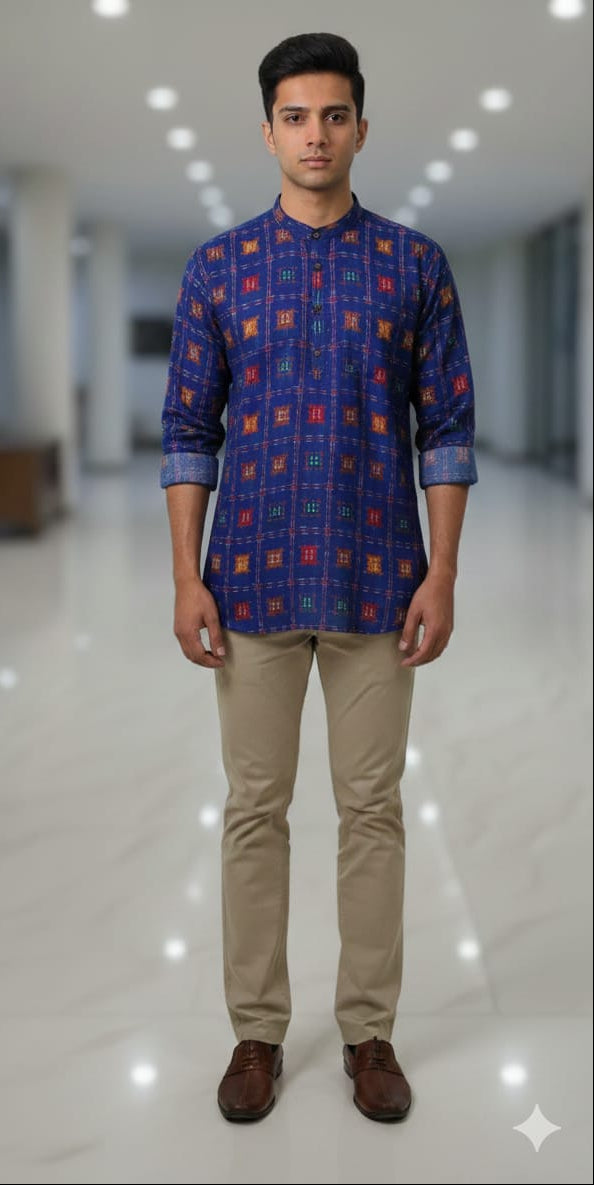 Blue Multi Colour Aswini Sesign Odisha Handloom Men Half Kurta