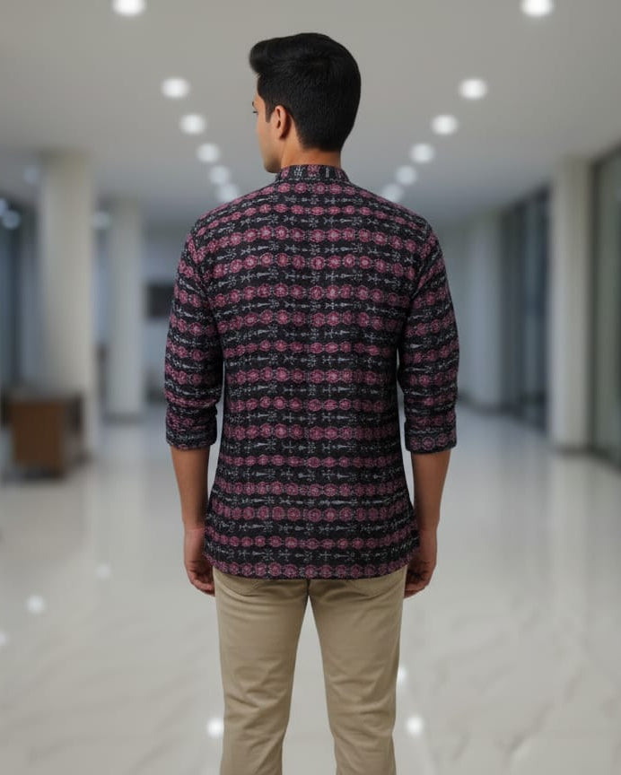 Black Tribal And Flower Design Odisha Handloom Men Half Kurta