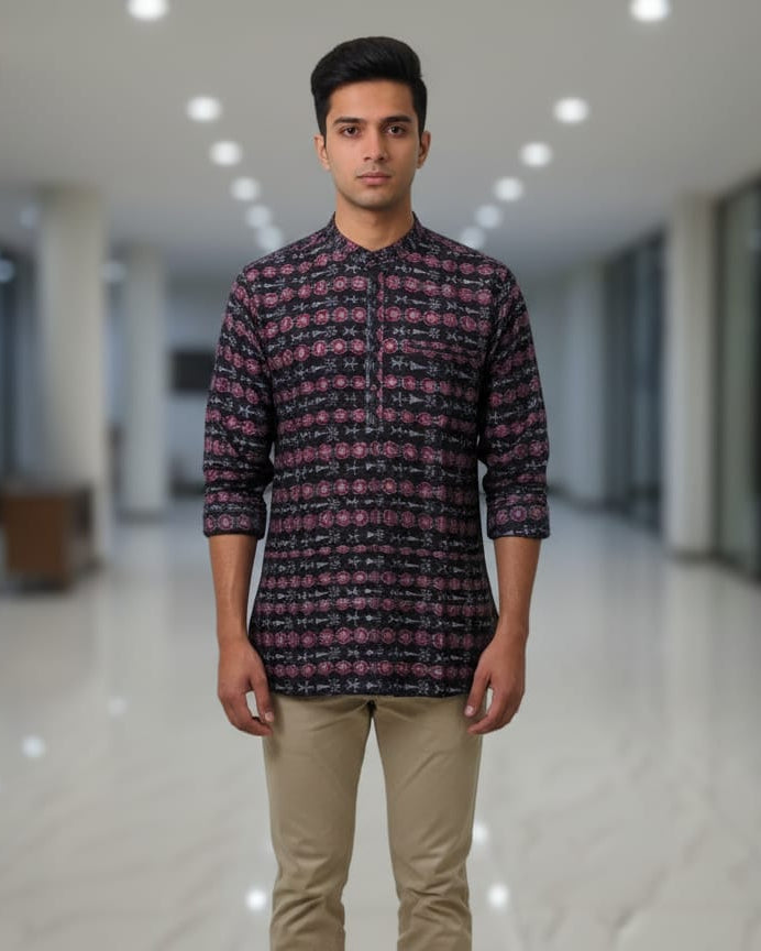 Black Tribal And Flower Design Odisha Handloom Men Half Kurta