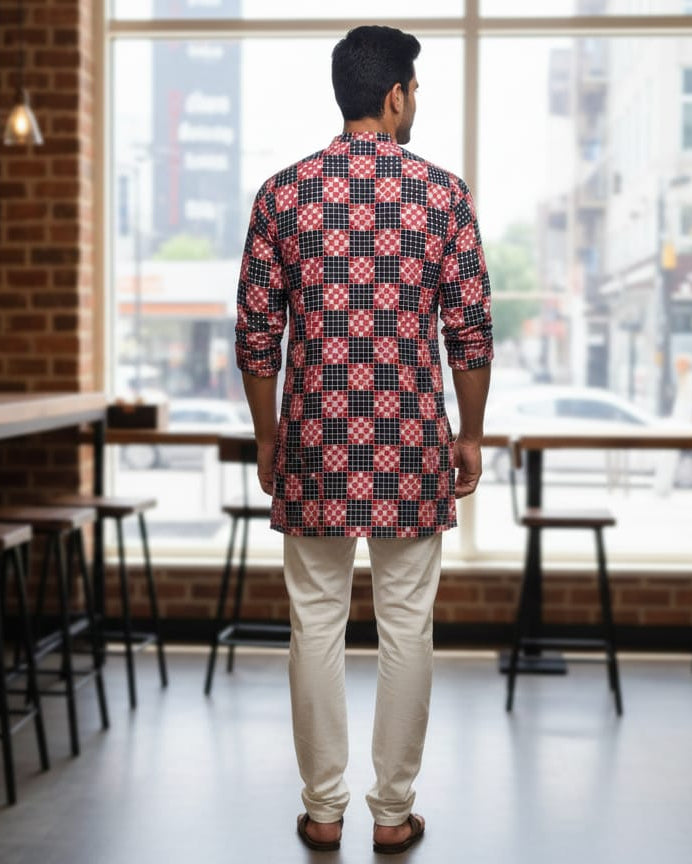 Red Black Mini Pasapali Design Odisha Handloom Men Half Kurta