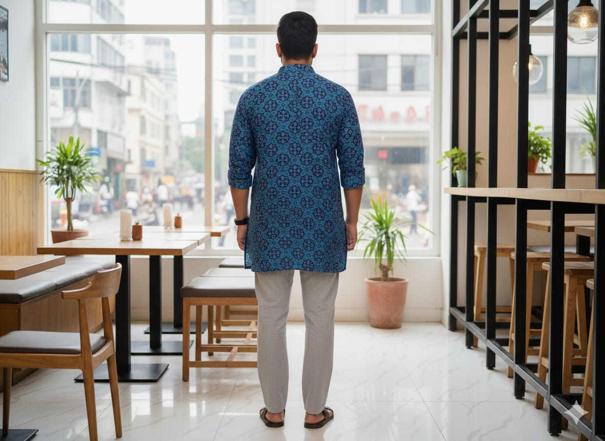 Blue Flower Design Odisha Handloom Men Half Kurta