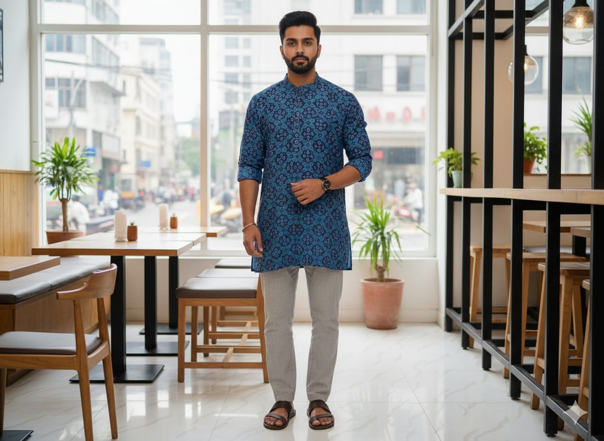 Blue Flower Design Odisha Handloom Men Half Kurta