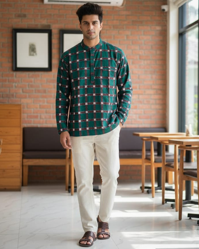 Green Tipa Pasapali Design Odisha Handloom Men Half Kurta