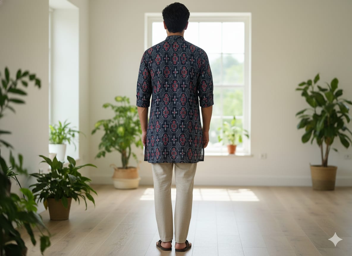 Black Flower Design Odisha Handloom Men Half Kurta