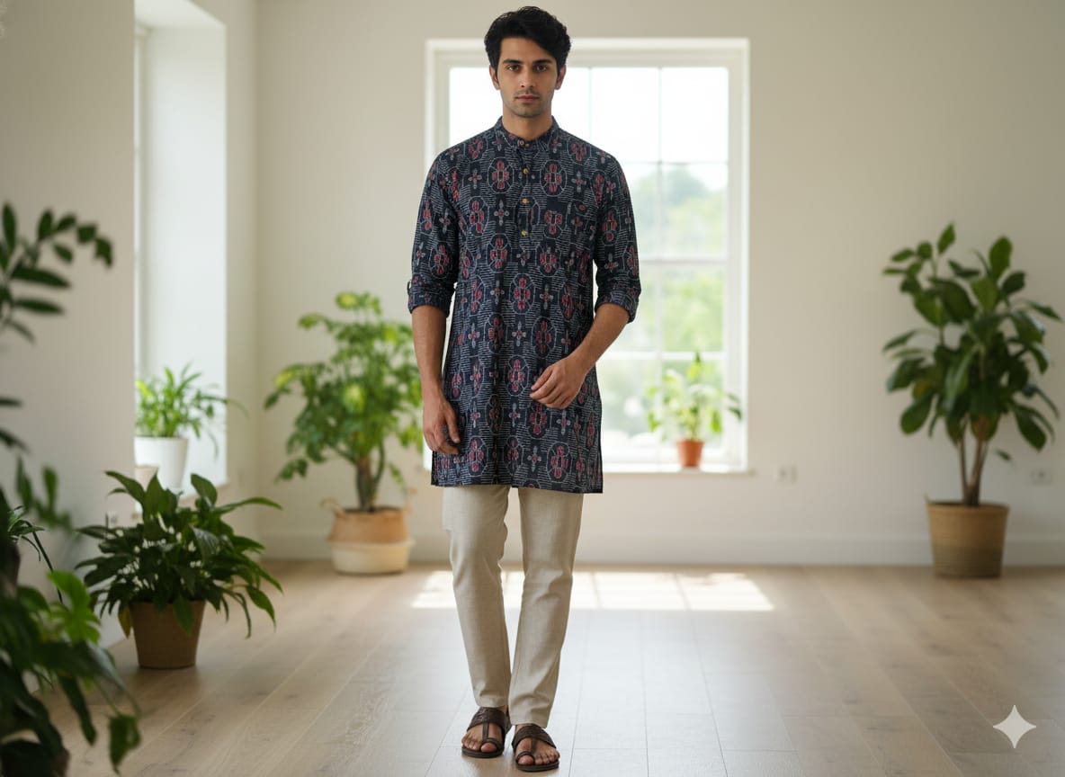 Black Flower Design Odisha Handloom Men Half Kurta