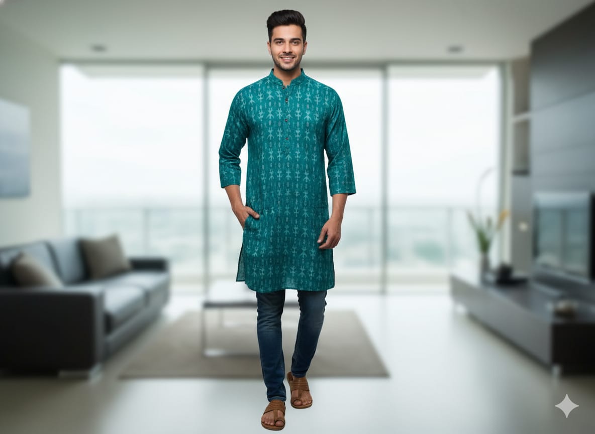 Sea Green Tribal Design Odisha Handloom Men Half Kurta