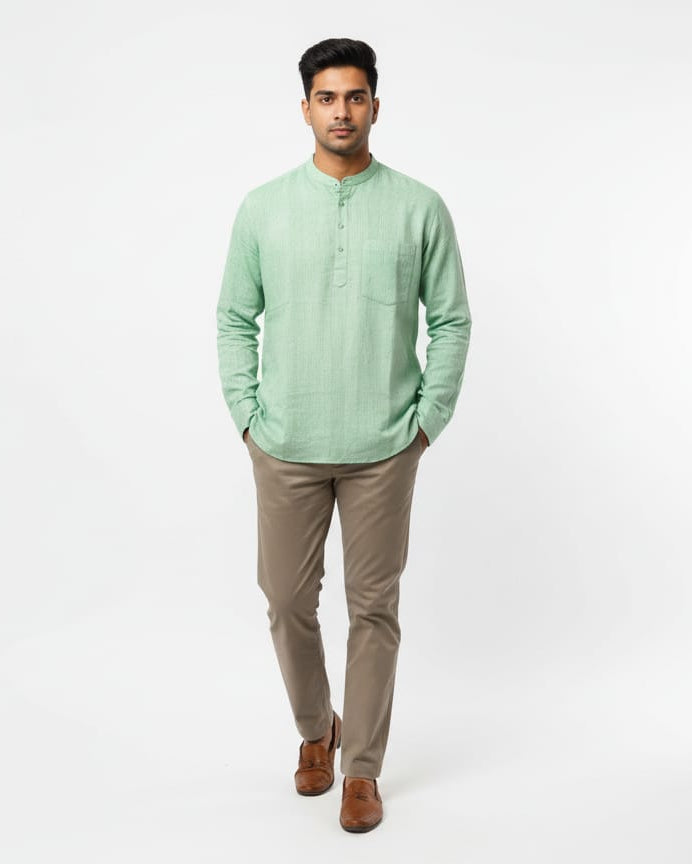 Pastel Green Odisha Handloom Plain Men Half Kurta