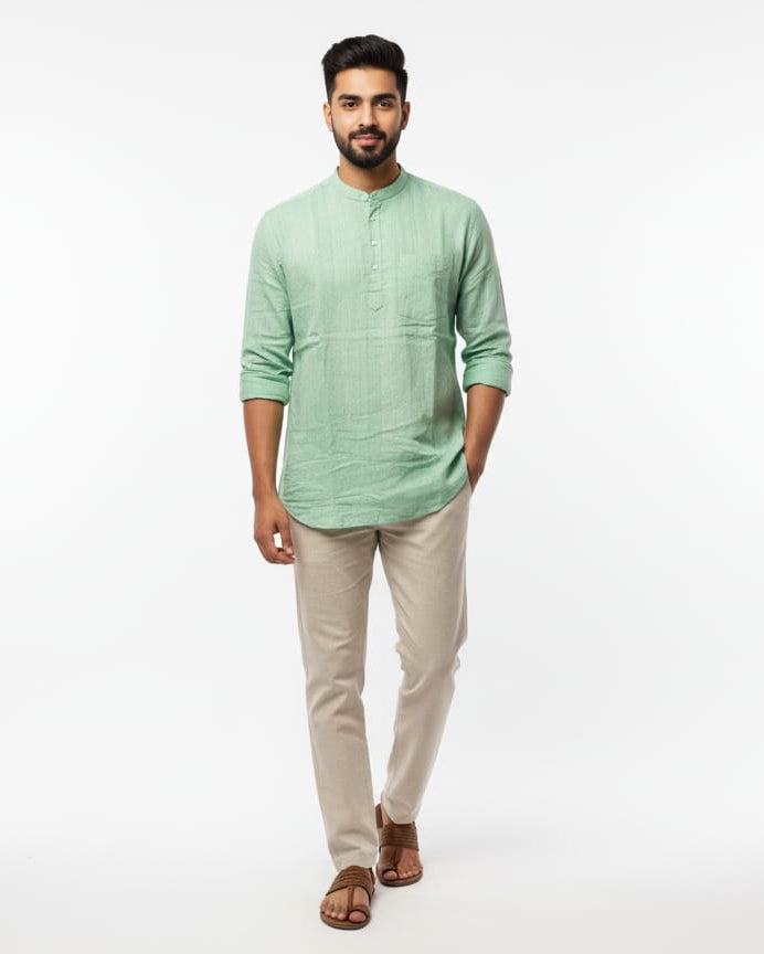 Pastel Green Odisha Handloom Plain Men Half Kurta