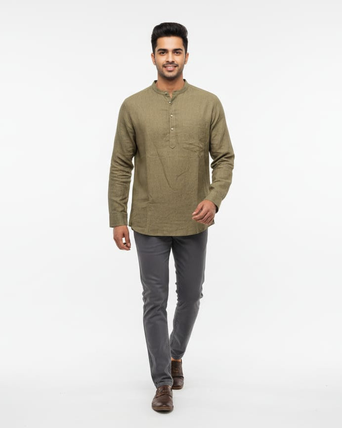 Golden Olive Green Odisha Handloom Plain Men Half Kurta