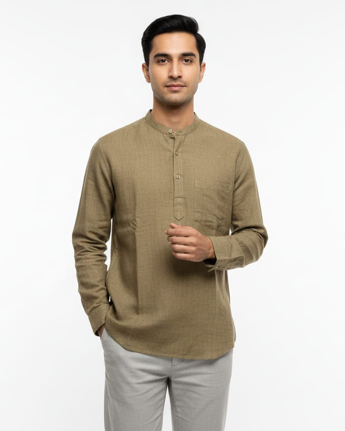 Golden Olive Green Odisha Handloom Plain Men Half Kurta