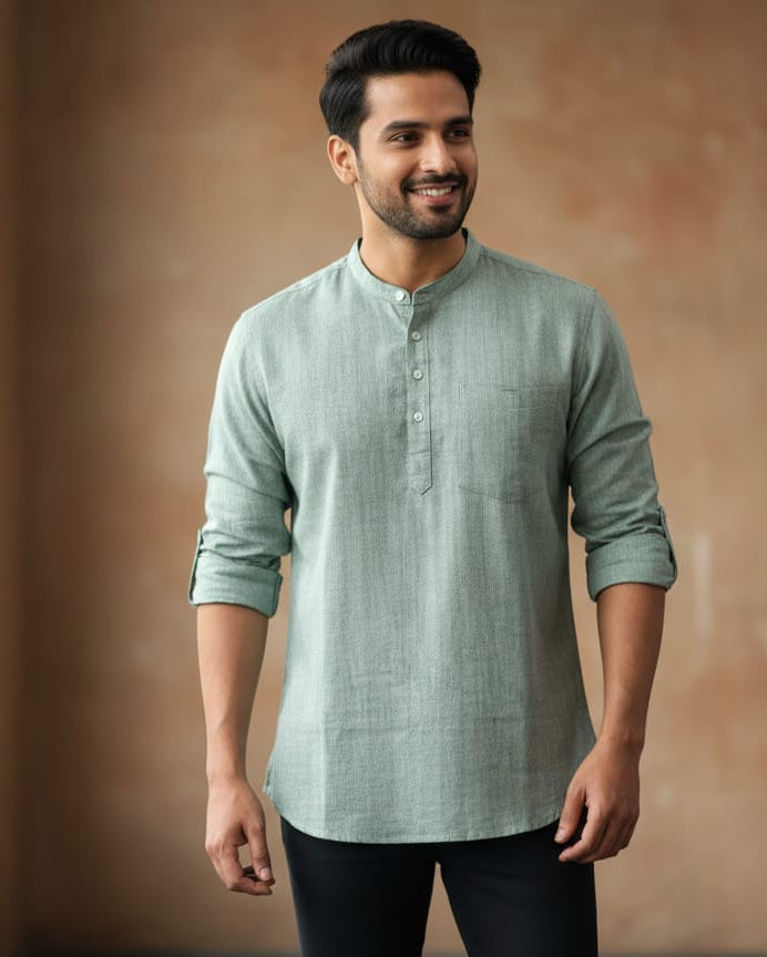 Light Leaf green Odisha Handloom Plain Men Half Kurta