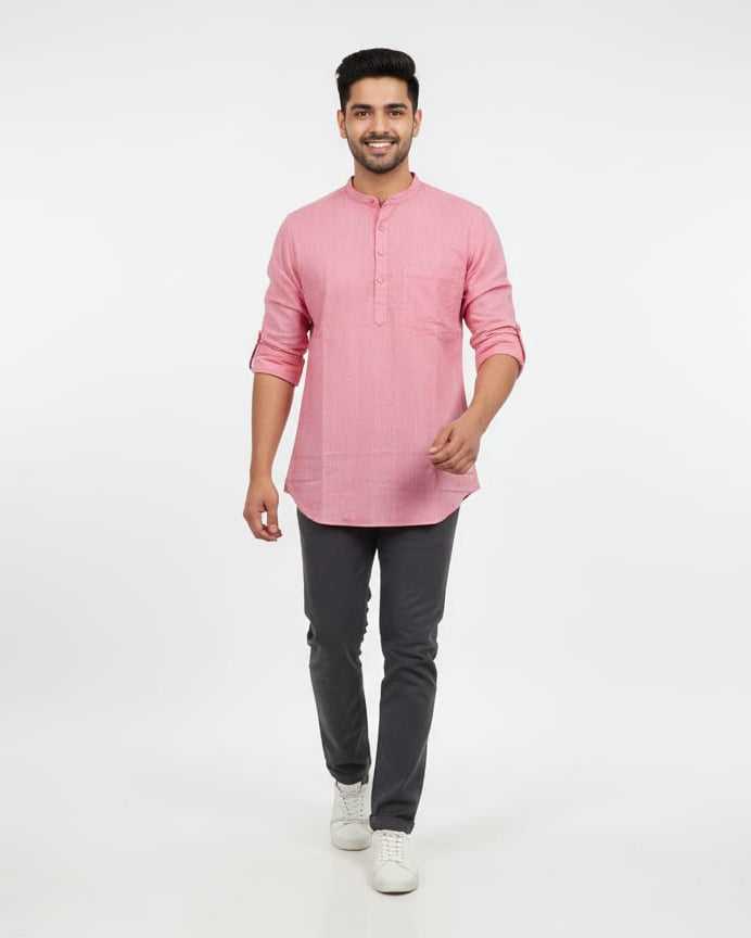 Pastel Pink Odisha Handloom Plain Men Half Kurta