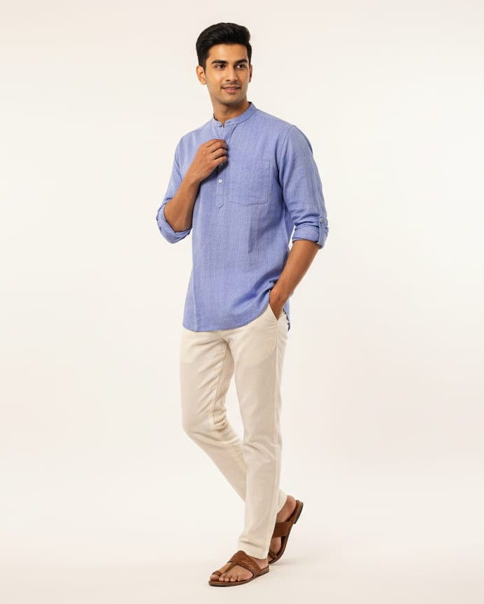 Light Blue Odisha Handloom Plain Men Half Kurta