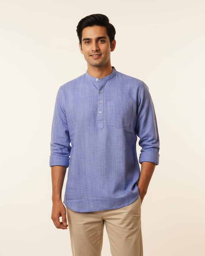 Light Blue Odisha Handloom Plain Men Half Kurta