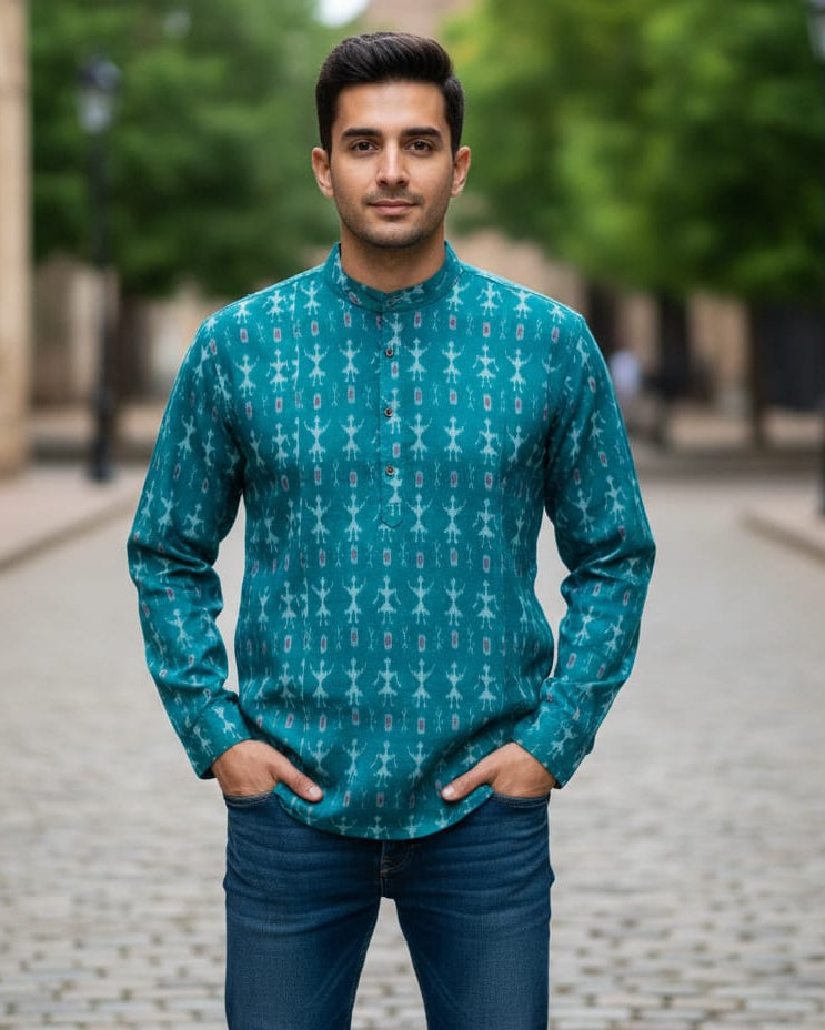 Sea Green Tribal Design Odisha Handloom Men Half Kurta