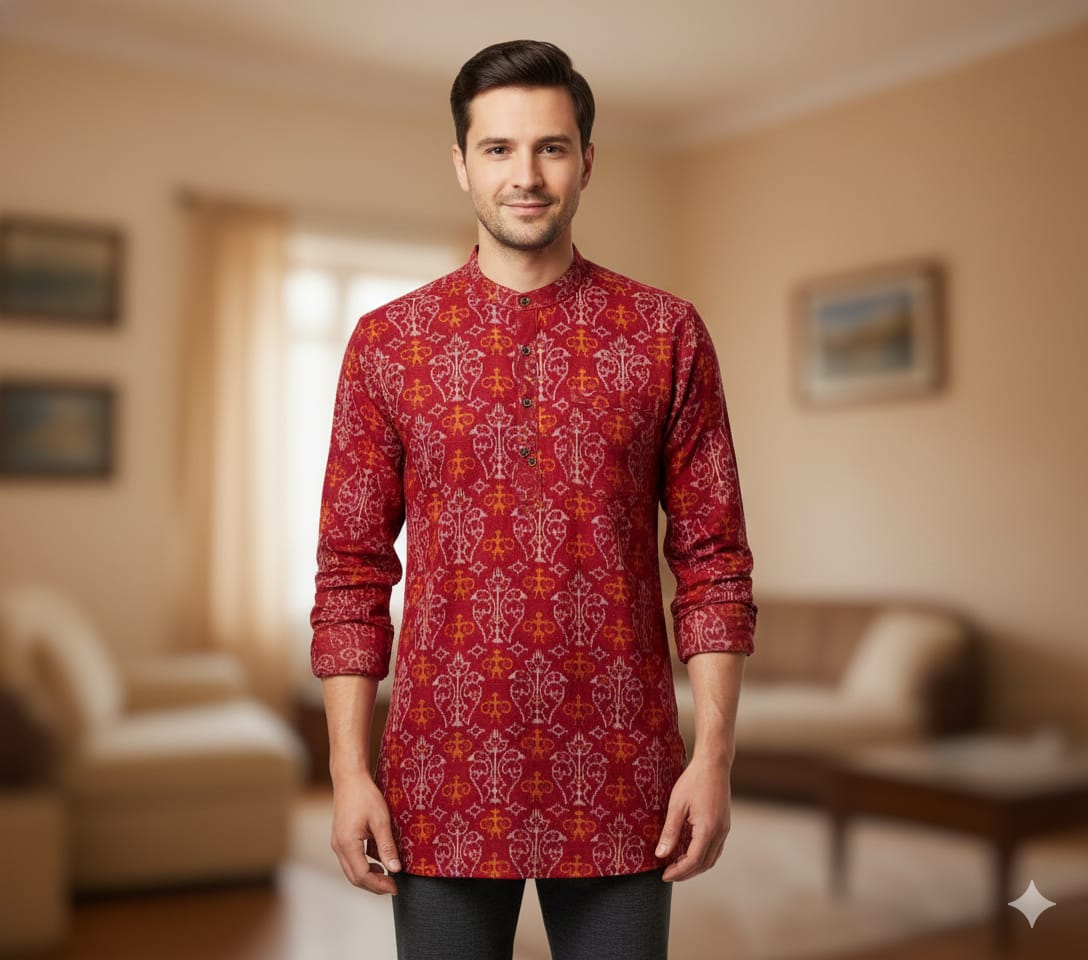 Maroon Tribal And Dual Parrot Odisha Handloom Men's Half Kurta