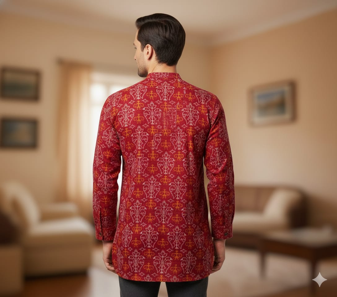 Maroon Tribal And Dual Parrot Odisha Handloom Men's Half Kurta