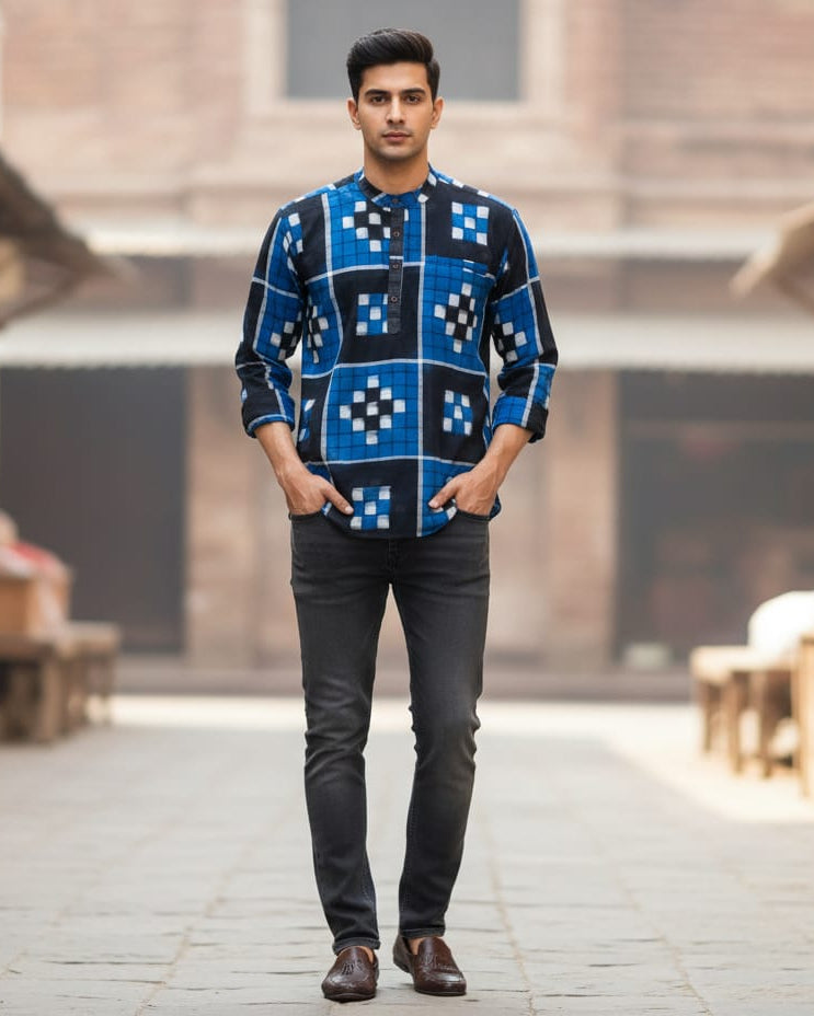 Blue Black Pasapali Odisha Handloom Men Half Kurta