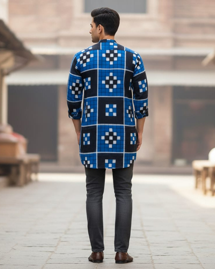 Blue Black Pasapali Odisha Handloom Men Half Kurta