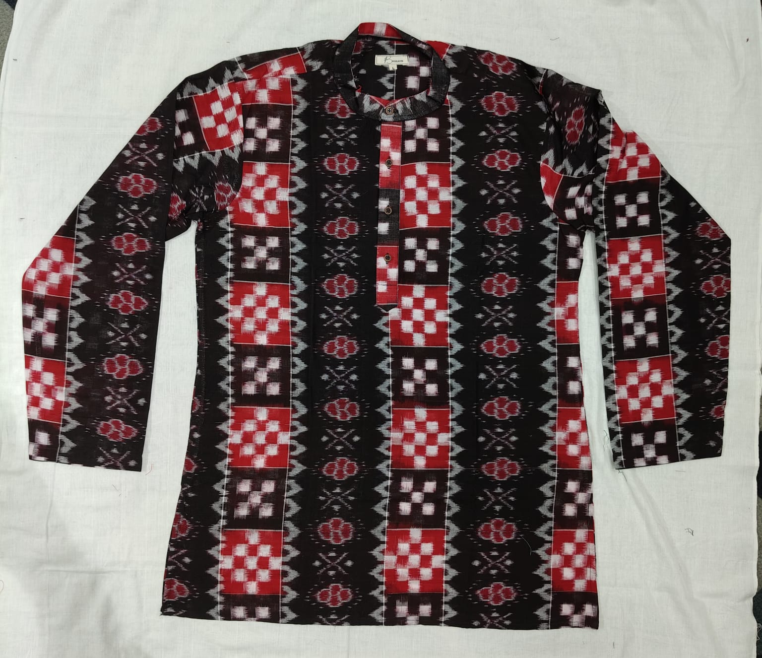 Black Red Pasapali And Flower Design Odisha Handloom Men Half Kurta