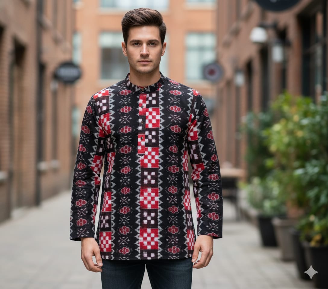 Black Red Pasapali And Flower Design Odisha Handloom Men Half Kurta