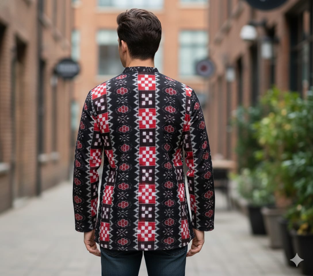 Black Red Pasapali And Flower Design Odisha Handloom Men Half Kurta