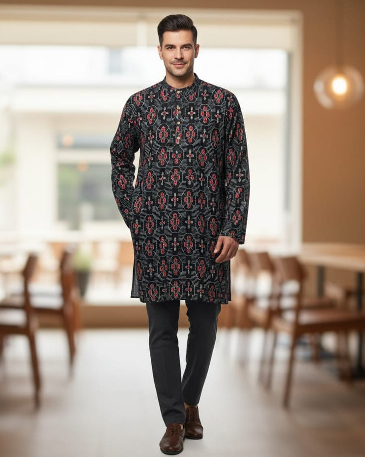 Black Flower Design Odisha Handloom Men Half Kurta