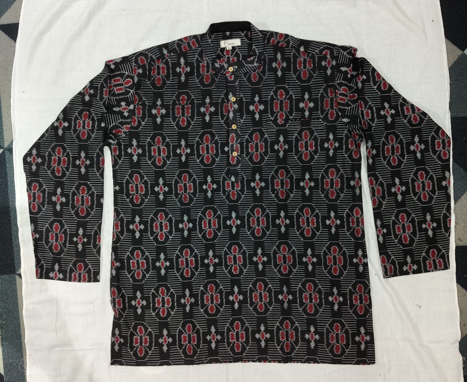 Black Flower Design Odisha Handloom Men Half Kurta